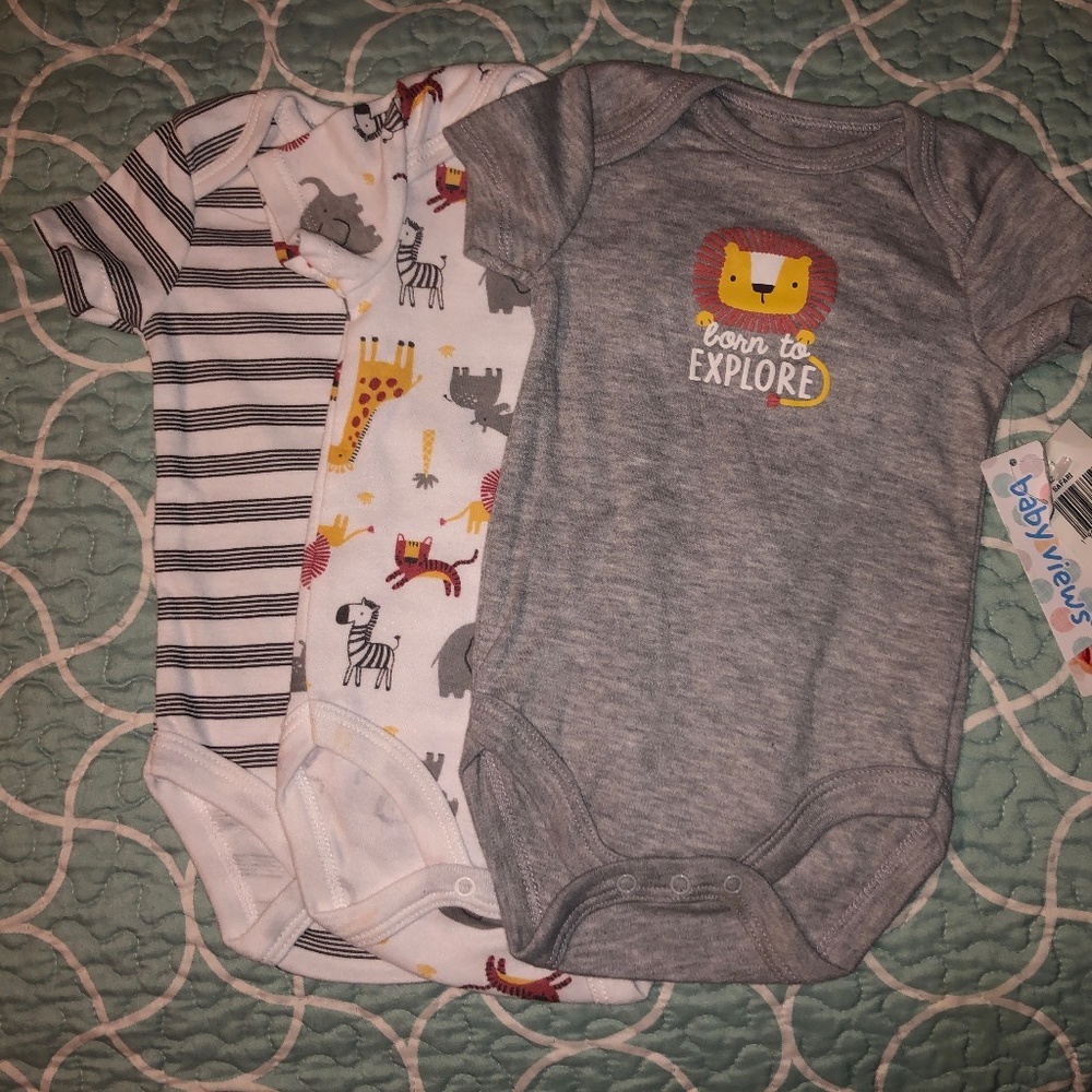 Baby views 3 onesies with lion, animal , and stripe prints size 6-9